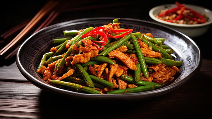 Thai dish with chicken and green beans, topped with red peppers