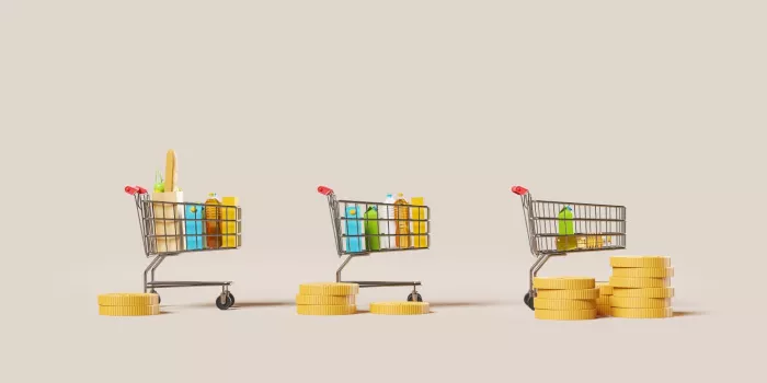 Shopping carts in row and stack of coins, inflation concept