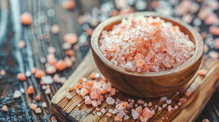 wood bowl of pink Himalayan salt with more salt sprinkled around
