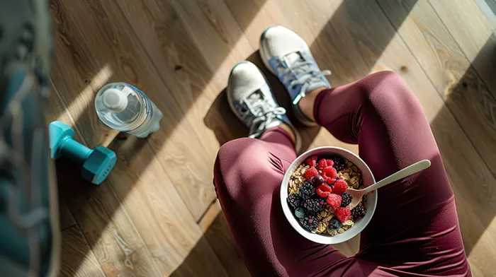 person's legs holding a bowl of berries and cereal between their knees with a water bottle and weight on the floor next to the person