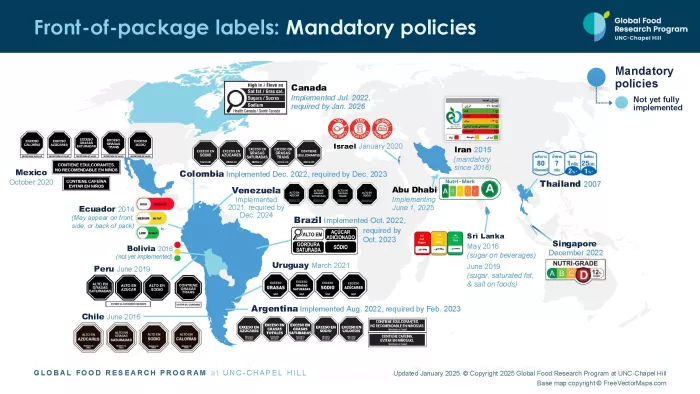 Map of countries that have adopted front-of-package nutrition labeling policies