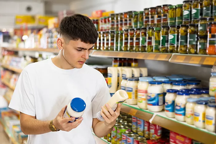 man in grocery isle deciding between 2 mayo brands