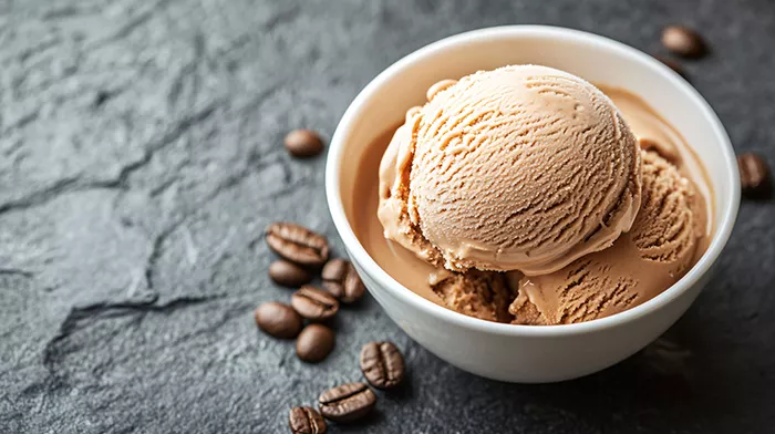bowl of coffee ice cream on slate table with a few coffee beans