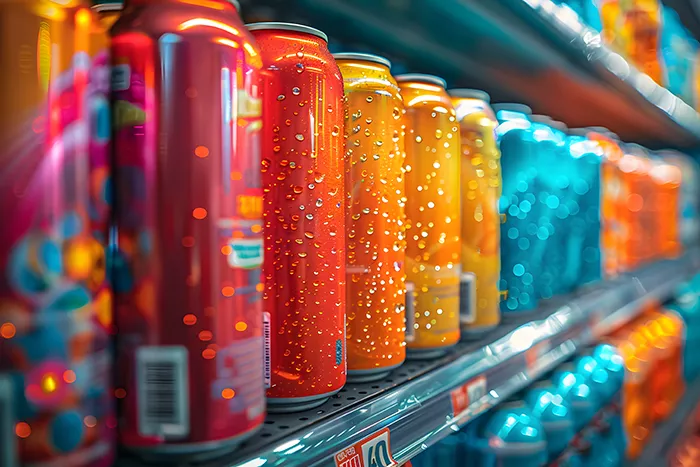 close up of colorful energy drink cans on store shelf