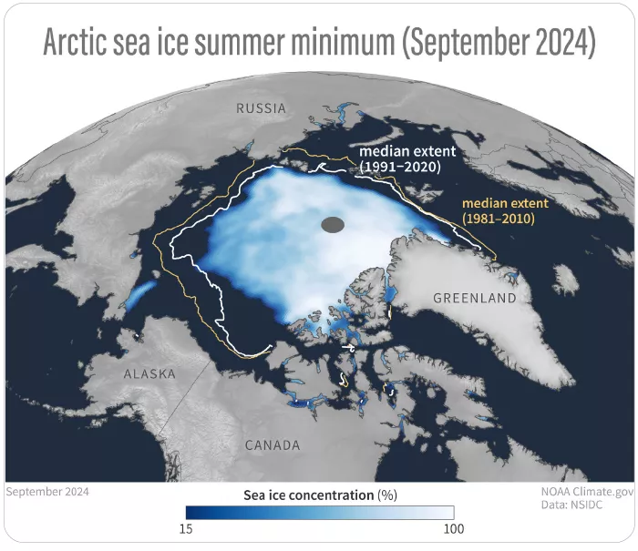 map of the arctic sea that indicates where the water has warmed