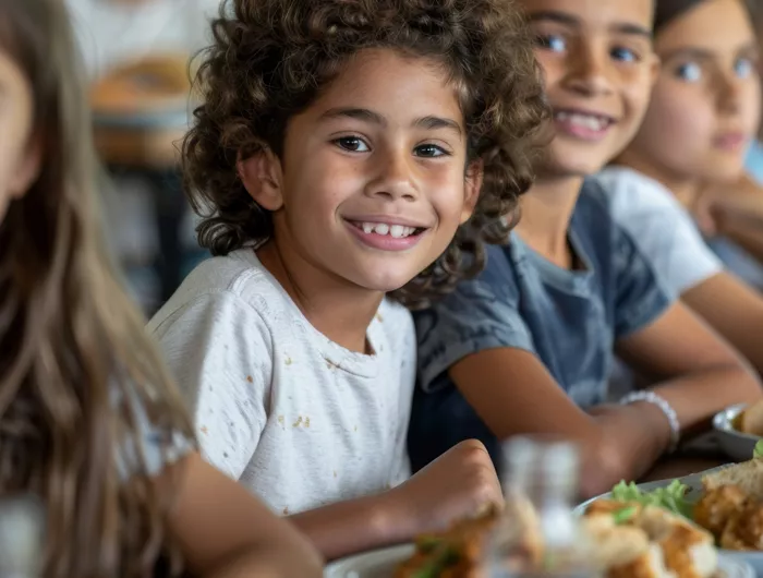 kids sitting at a table with food in front of them