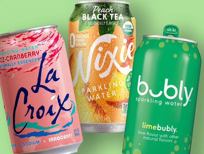 cans of LaCroix cranberry, Nixie peach black tea, Bubly lime