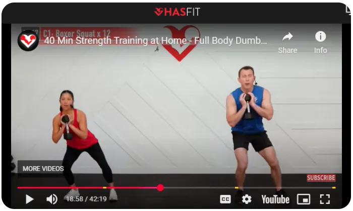 screenshot of 40 min strength training video from HasFit