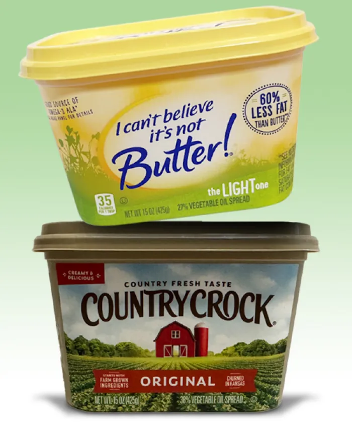 tubs of Country Crock original and I can't Believe it's not Butter the Light one