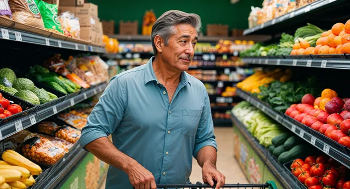 older man shopping in gorcery store