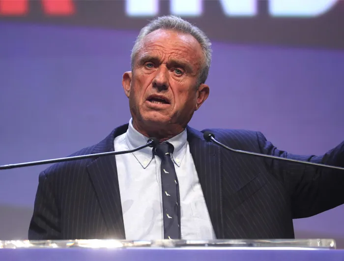 Robert F Kennedy Jr. yelling into a microphone