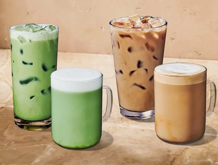 iced matcha and latte next to hot matcha and late from starbucks