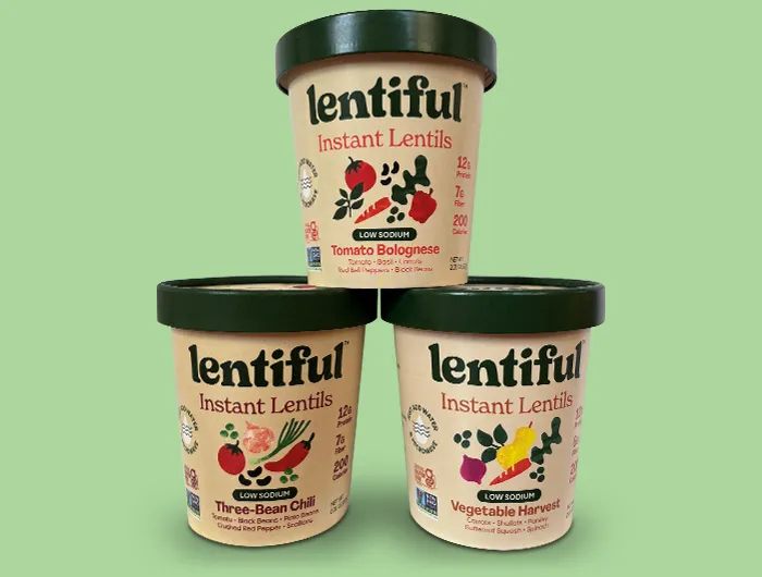 3 lentiful cups in the flavors of tomato Bolognese, three-bean chili, and vegetable harvest