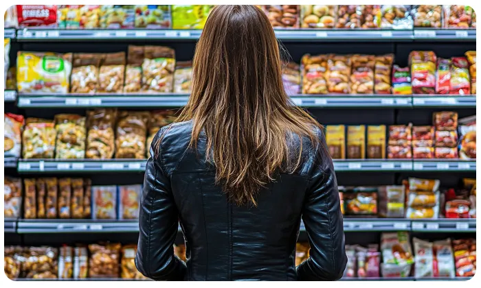 woman looking at grocery shelves of ultra-processed foods