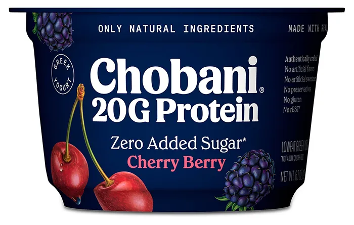 cup of Chobani 20g protein zero added sugar cherry berry flavor