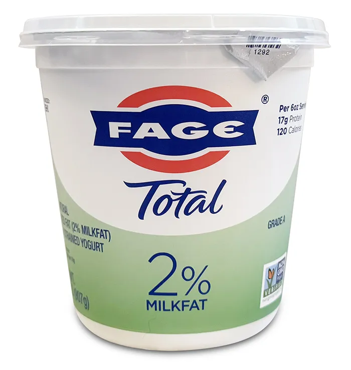 multi-serve tub of Fage total 2% fat yogurt