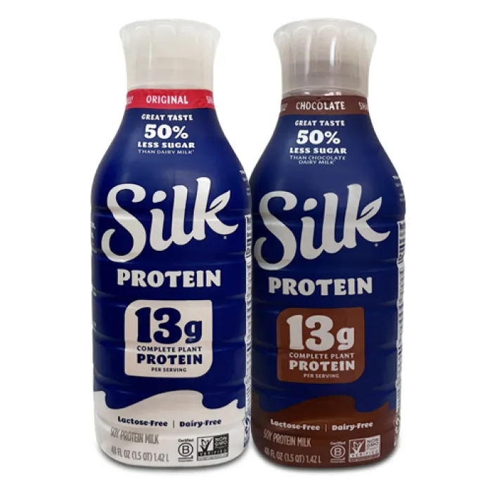 bottle of Silk Protein milk Original and bottle of Silk Protein chococlate milk