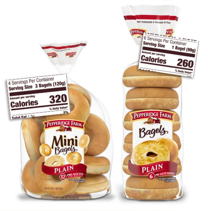 bag of Pepperidge Farms plain mini bagels (left) and bag of regular plain bagels (right).