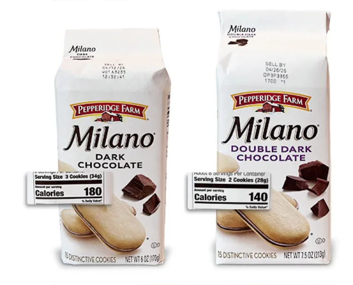Bag of Pepperidge Farm Milano Dark chocolate cookies (left). bag of Pepperidge Farm Milano Double dark chocolate cookies (right).