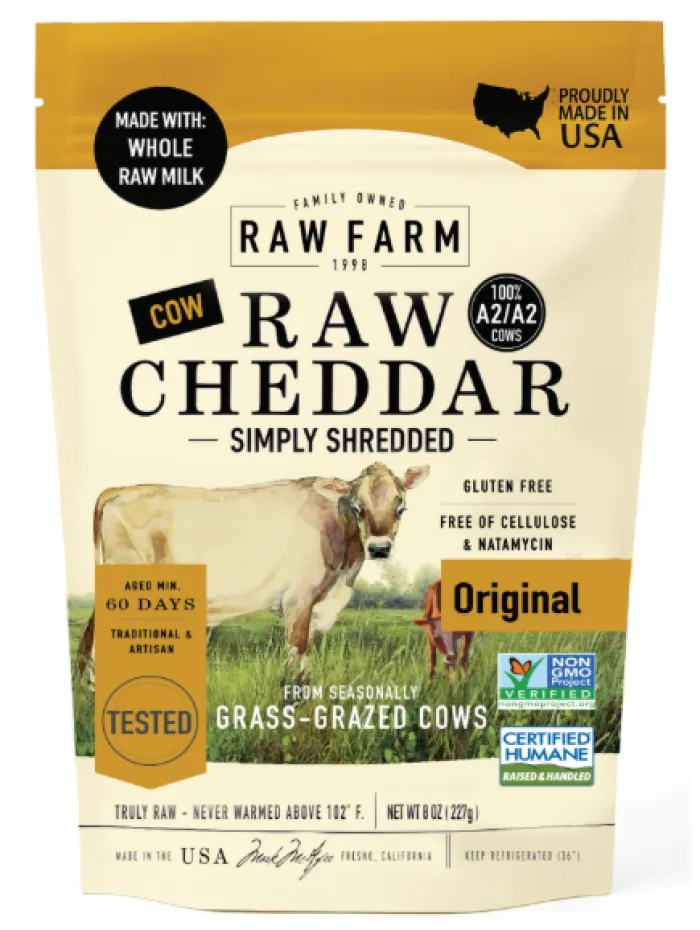 An 8 oz. bag of Raw Farm shredded cheddar