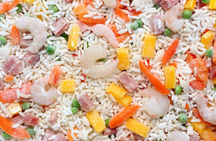 A closeup of frozen shrimp fried rice