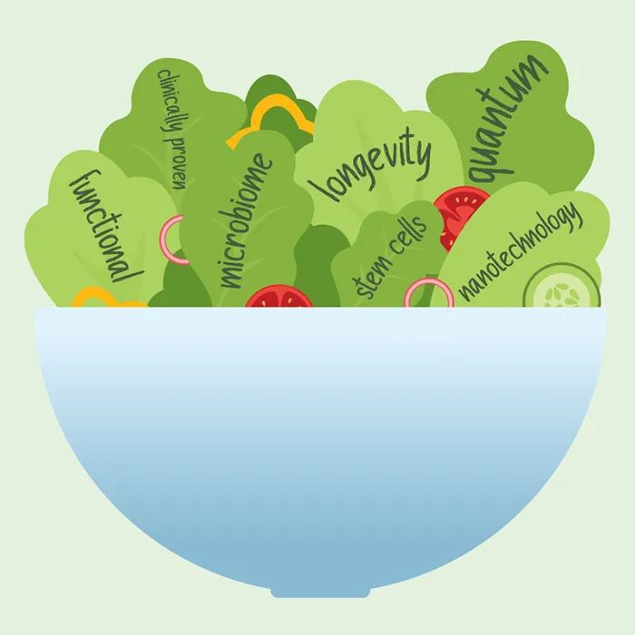 illustration of a salad bowl with science-y words written on the lettuce