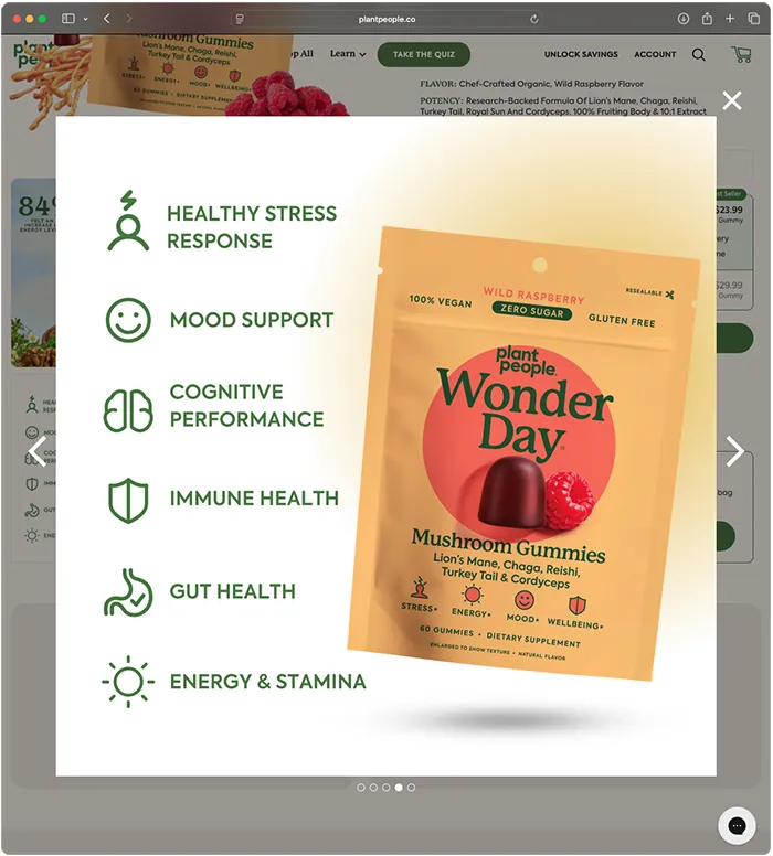 screenshot of Wonder Day webpage of product benefits