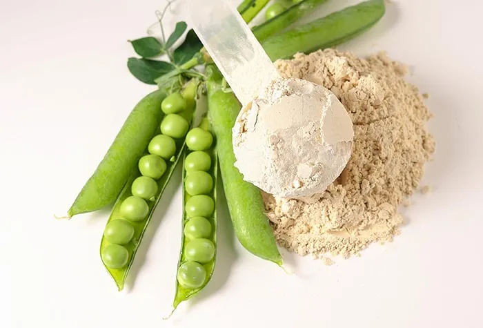 soy beans in pods next to a pile and scoop of soy powder