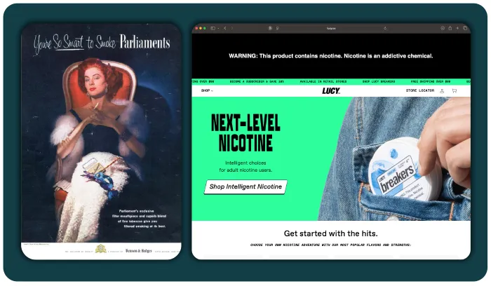 old magazine add for cigarettes (left) and screenshot of nicotine gum website (right)