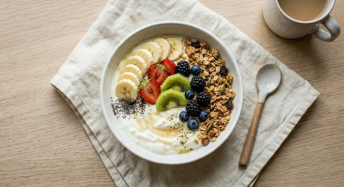 yogurt bowl with sliced banana, berries, granola and kiwi