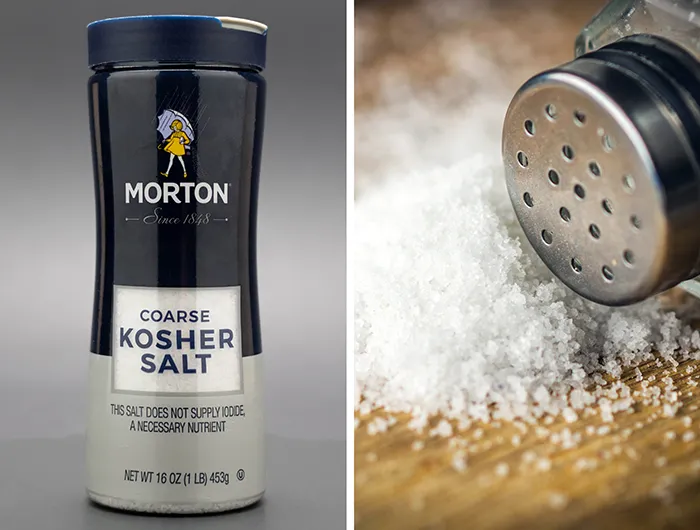 bottle of Morton Kosher Salt (left) and salt shaker with salt spilling out (right)