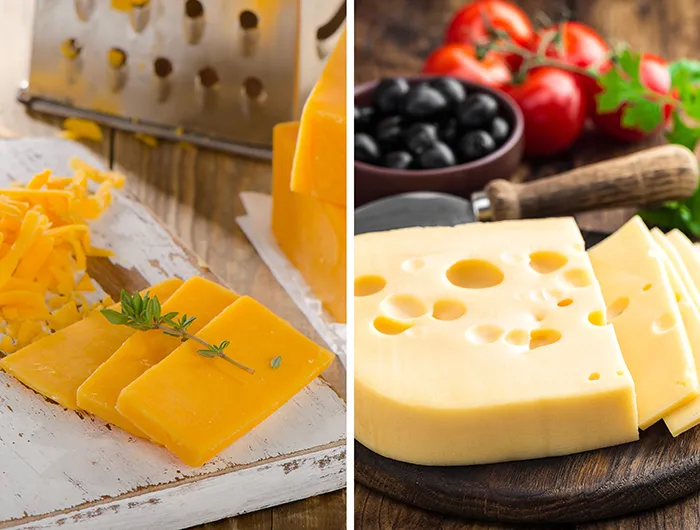 slices of yellow cheddar (left) and slices of Swiss cheese (right)