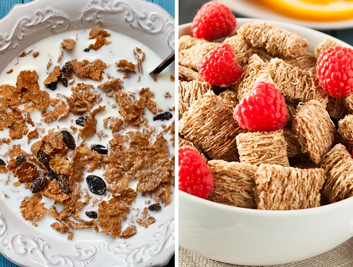 bowl of raisin bran and milk (left) and bowl of wheat bites with raspberries (right)