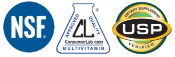 NSF seal, Consumer Lab seal, and USP seal