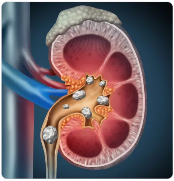 inside of half a kidney with various sized stones inside or leaving the kidney