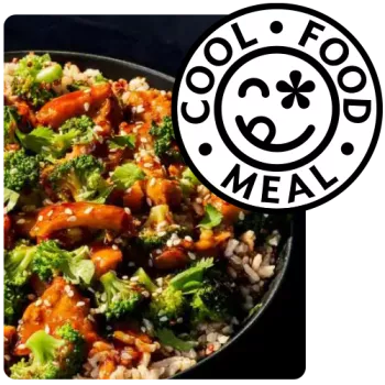 cool food meal emblem overlaid on a stir-fry bowl