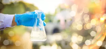 gloved hand holding a beaker filled with water