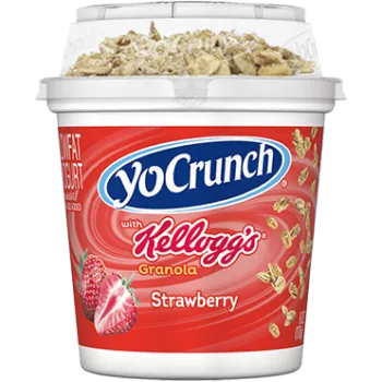 A single-serving 6-ounce container of YoCrunch Lowfat Yogurt Strawberry with Kellogg’s Granola