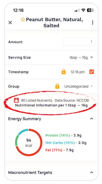 screen shot of cronometer app with circle around data source listing