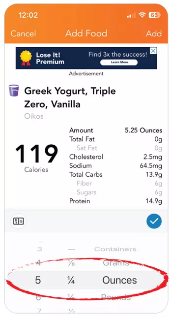 screen shot of Lose it! app with circle round serving size amount