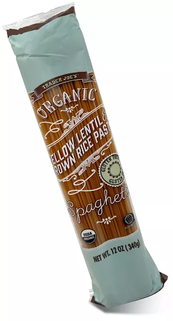 package of Trader Joe's organic yellow lentil brown rice pasta