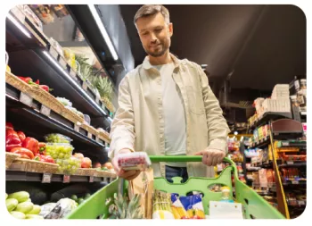 Man pushing shopping cart in grocery store