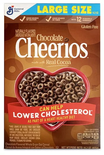 box of chocolate cheerios that says it can help lower cholesterol