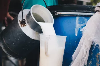 metal jug of milk being poured into clear glass