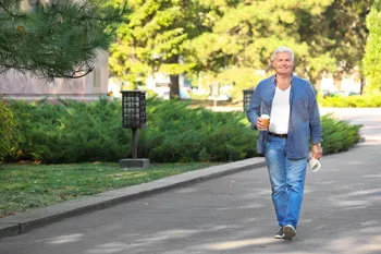 man walking down the street holding coffee and a newspaper