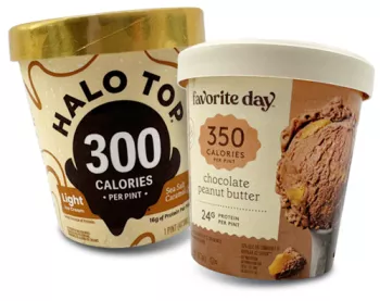 pint of Halo Top Sea salt Caramel and pint of Favorite Day chocolate peanut butter