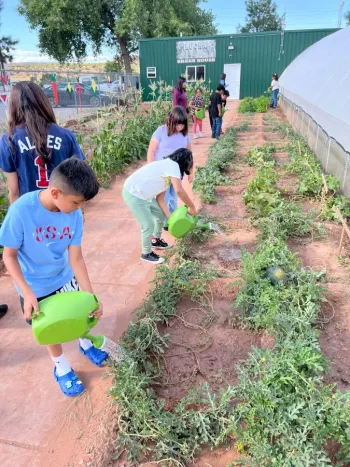 10 individuals are lined up watering the community garden with green water cans. There are a mix of young children that appear to be various ages