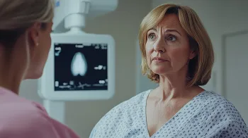 woman in hospital gown with mammogram image behind her