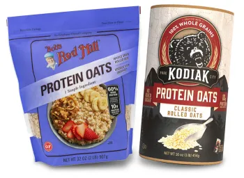 bag of Bob's Red Mill Protein Oats and canister of Kodiak Protein Oats