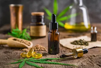 brown glass dropper bottle filled with oil and hemp leaves in the background